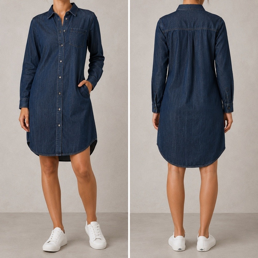 A New Dayโ Denim Shirt Dress SMALL Dark Wash Cotton Long Sleeve Button Up Pocket